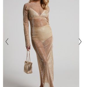 KARMEN MIDI DRESS - LONG SLEEVE SPLIT DIAMANTE MESH DRESS IN GOLD